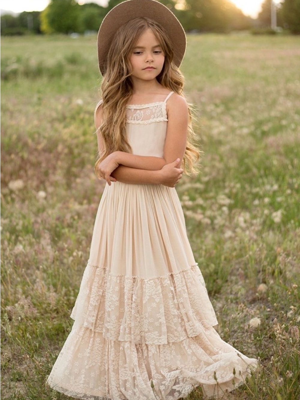 Mia Joy Cream Lace Tiered Maxi Dress for Girls - Elegant Summer Party Dress